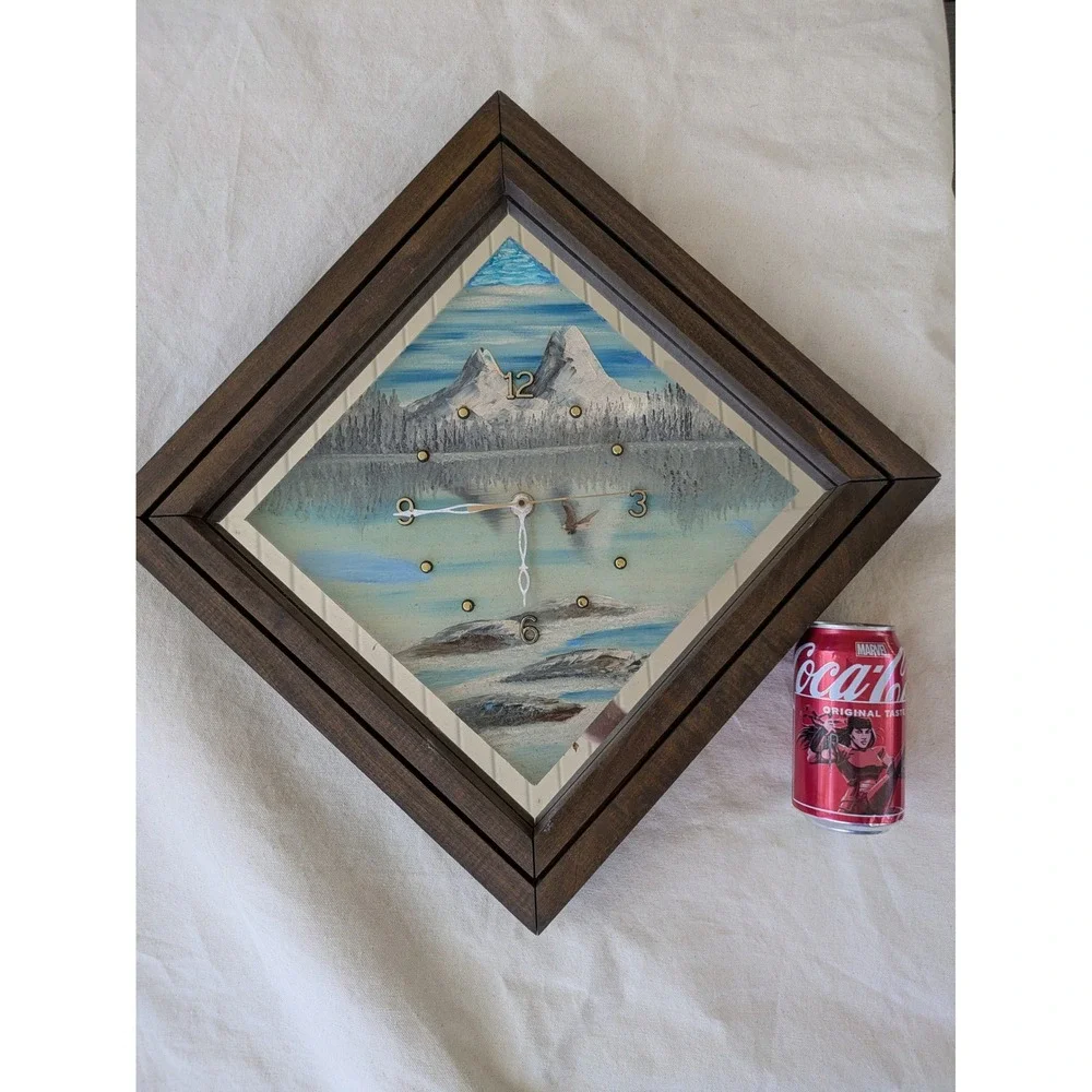 Hootin Hollow Studio Wood Diamond Wall Clock Painted Mountain Mirror Face